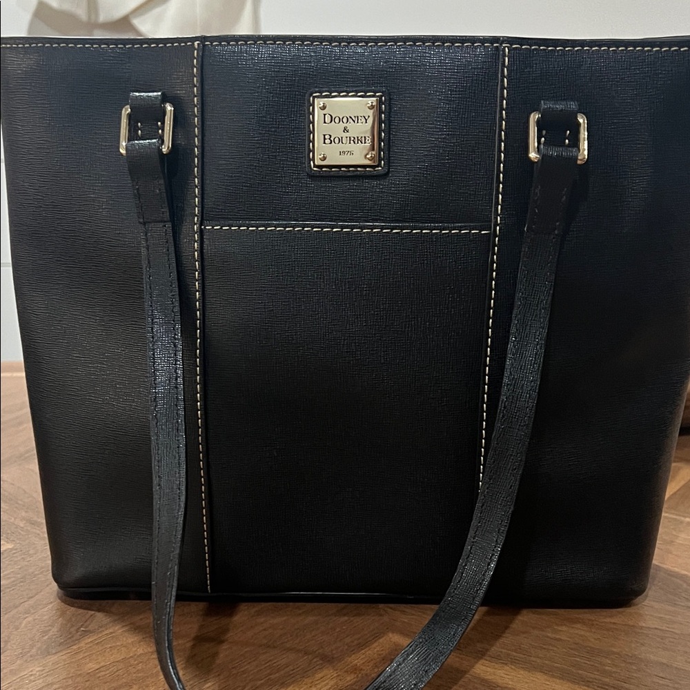 Dooney & Bourke Black Leather Tote with Gold Logo Plaque
